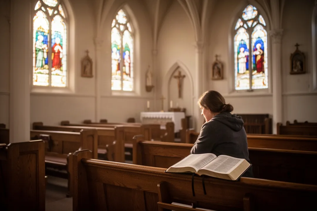 Person praying quietly in a sunlit church sanctuary