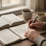 Open Bible and notebook beside coffee during quiet morning devotional reading