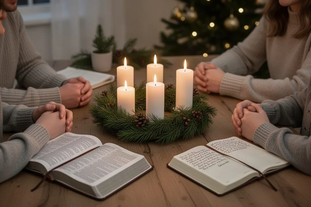 Family sharing an Advent devotional beside a wreath and open Bible
