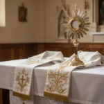 Humeral veil: meaning, uses, and Catholic liturgical practice White humeral veil arranged beside a monstrance in a church sacristy