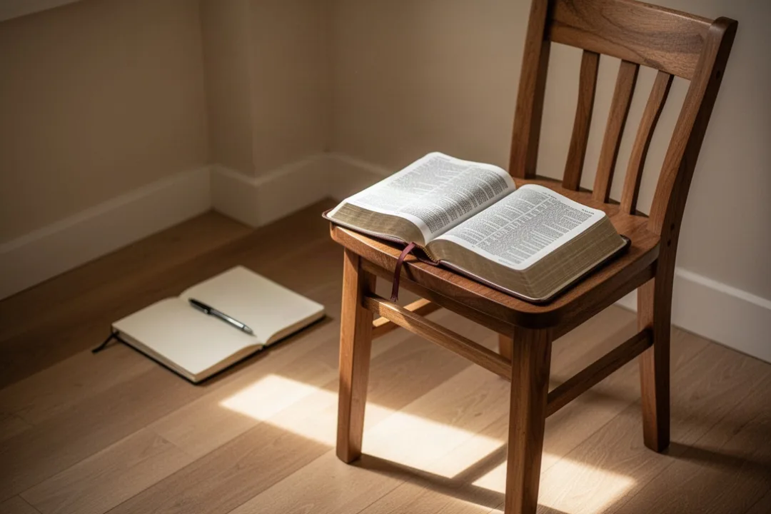 Quiet home prayer space with Bible and journal for Ignatian reflection