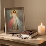 Framed Divine Mercy image displayed in a peaceful home prayer corner
