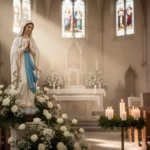 Church altar with Mary statue and white flowers during December devotion