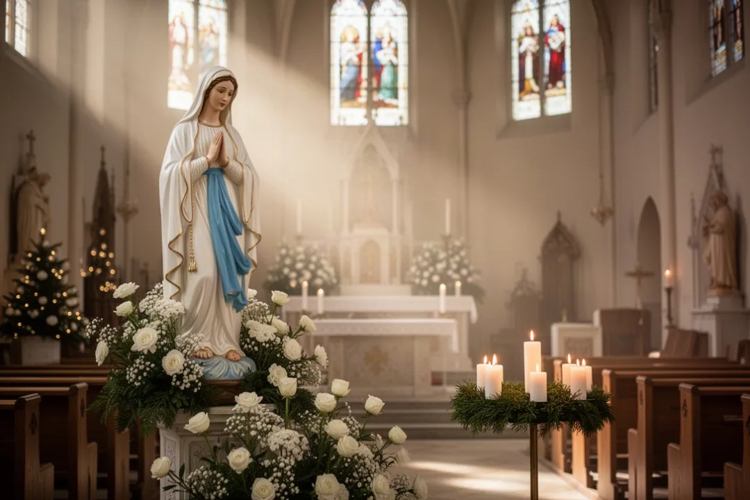 Church altar with Mary statue and white flowers during December devotion