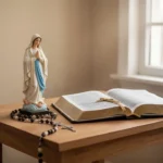 Prayer corner with Marian statue, rosary, Bible, and gentle morning light