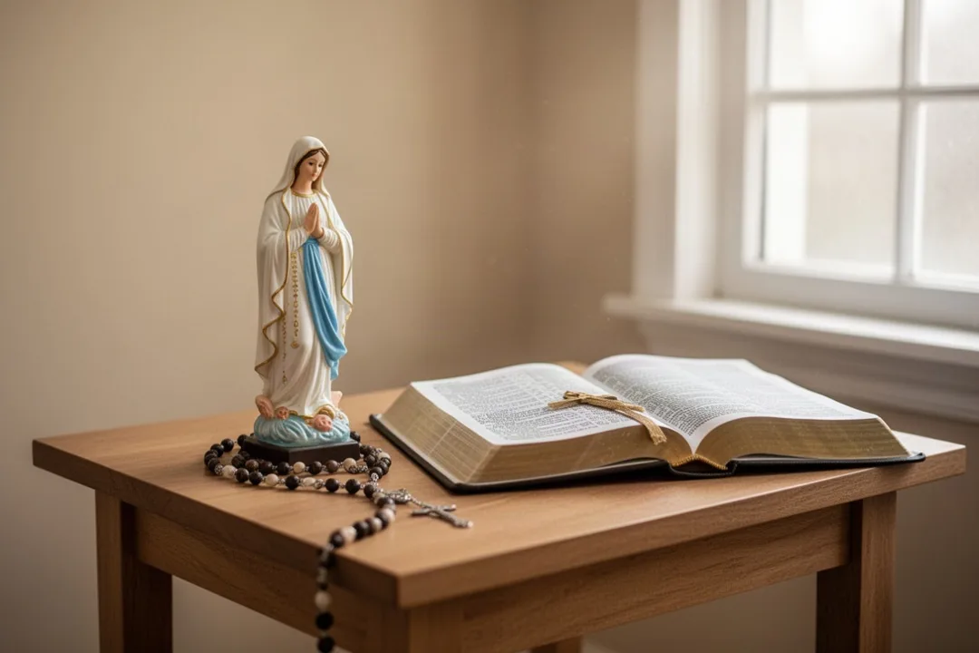 Prayer corner with Marian statue, rosary, Bible, and gentle morning light