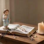 Prayer corner with Infant Jesus statue, rosary, book, and candle