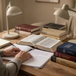 Bible study table with notes, translations, and contextual interpretation tools