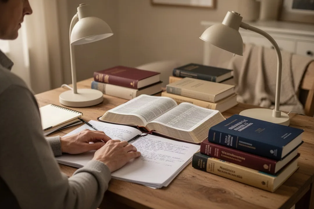 Bible study table with notes, translations, and contextual interpretation tools