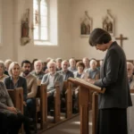 Person leading an invocation prayer before a diverse community gathering
