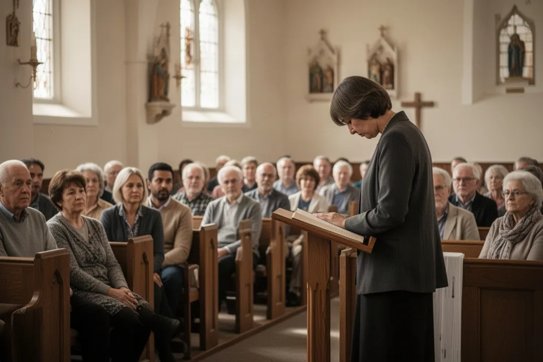 Person leading an invocation prayer before a diverse community gathering