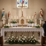 Catholic church sanctuary prepared for an All Saints Day Mass