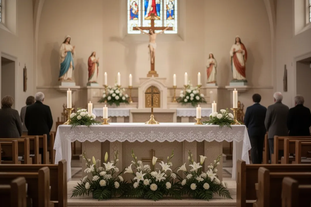 Catholic church sanctuary prepared for an All Saints Day Mass