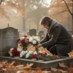 Person praying beside a grave on All Souls Day