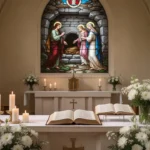 Church service honoring Mary Magdalene beside an open Bible