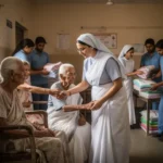 Nun assisting an elderly resident in a charitable care home