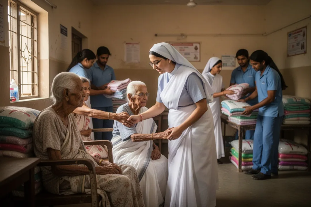 Nun assisting an elderly resident in a charitable care home