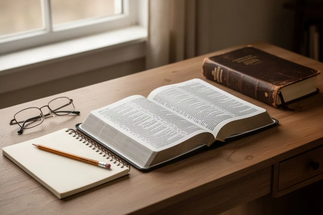 Reader comparing Bible translations at a quiet study desk