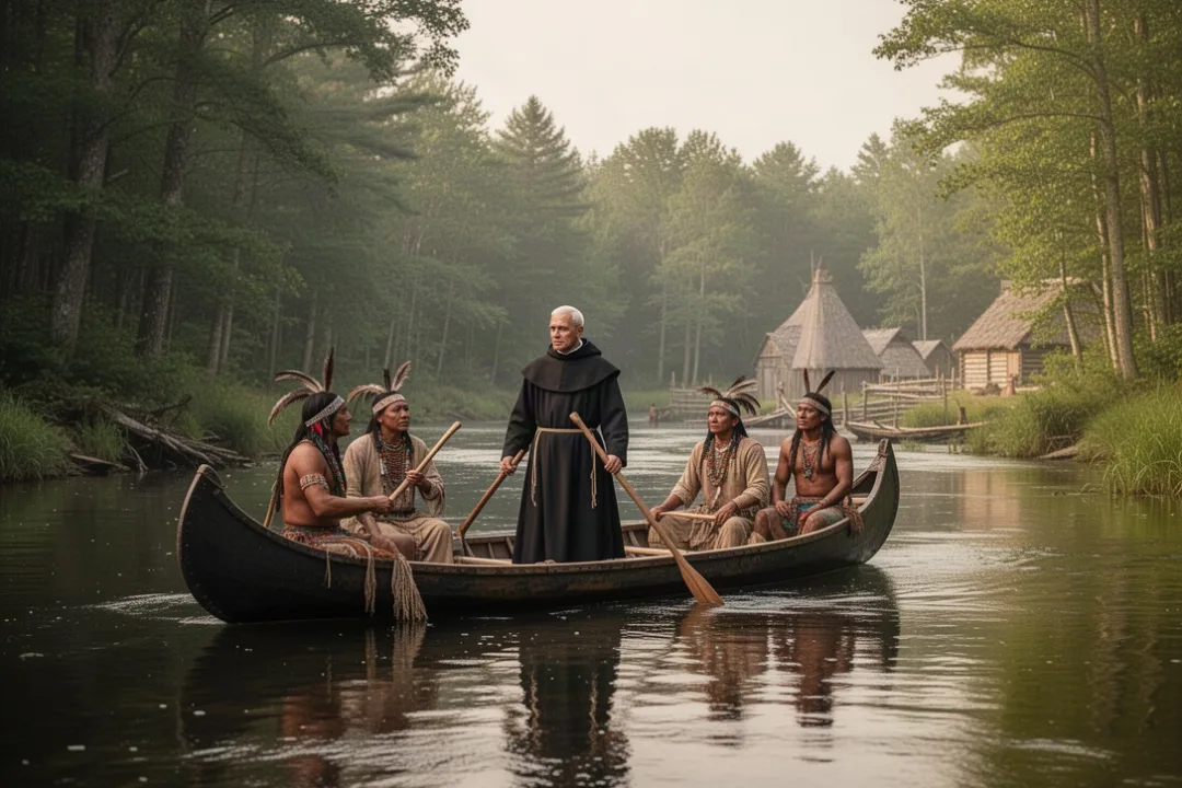 Jesuit missionary traveling by canoe through seventeenth-century New France
