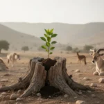 Green shoot growing from stump among peaceful animals in ancient landscape