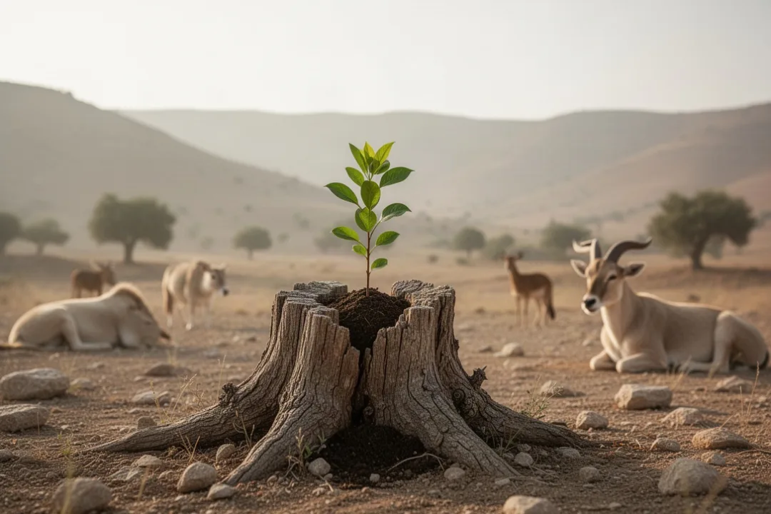 Green shoot growing from stump among peaceful animals in ancient landscape