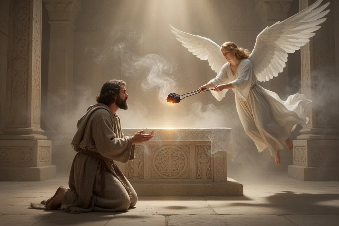 Seraph approaches kneeling Isaiah with a glowing coal from the altar