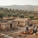 Iron Age Israelite village among terraced hills and olive trees