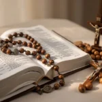 Italian rosary beside bilingual prayer book in a quiet home