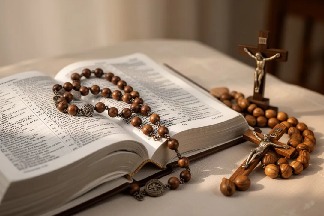 Italian rosary beside bilingual prayer book in a quiet home