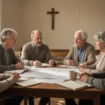 Church community humbly discussing plans and responsibilities together