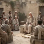 Early Christians listening to James teach in Jerusalem