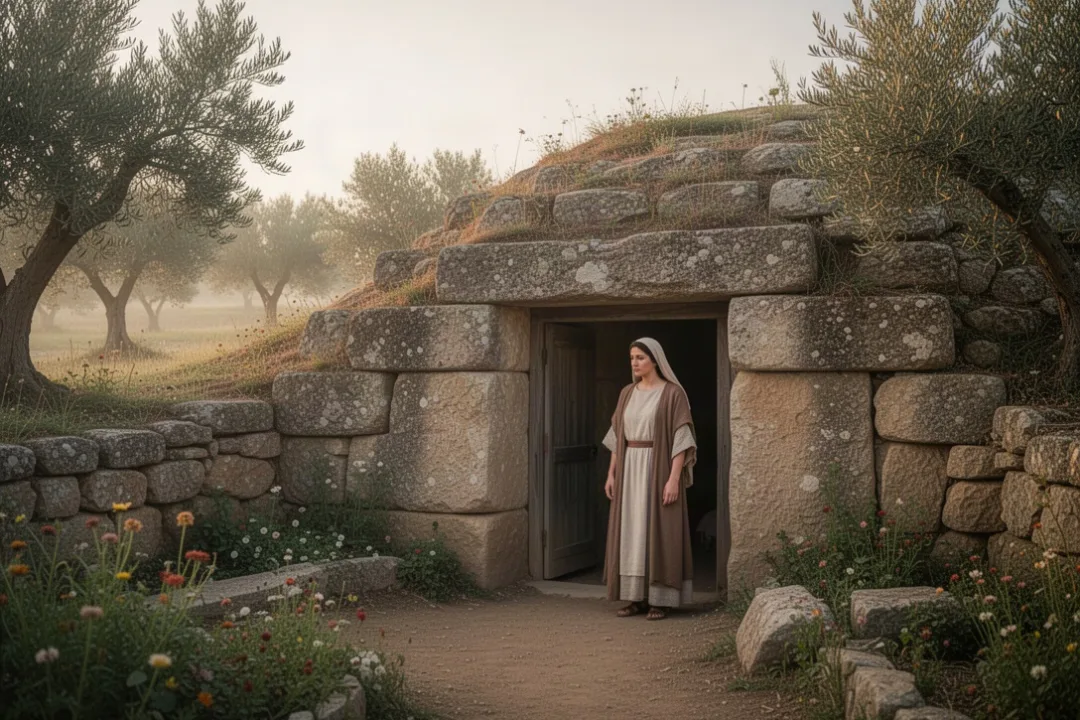 Mary Magdalene discovers the empty tomb at dawn
