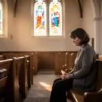 Person praying quietly in a sunlit church about receiving forgiveness