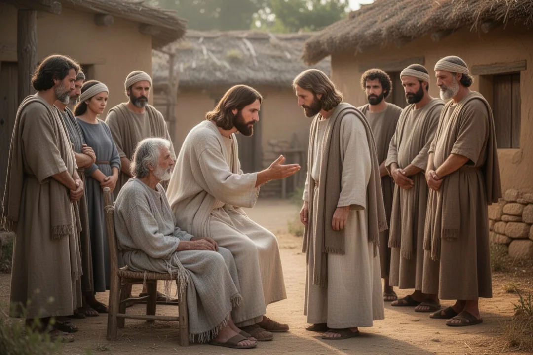 Jesus comforting a sick person among family and neighbors