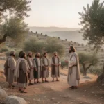 Jesus teaching followers on a Galilean hillside at dawn