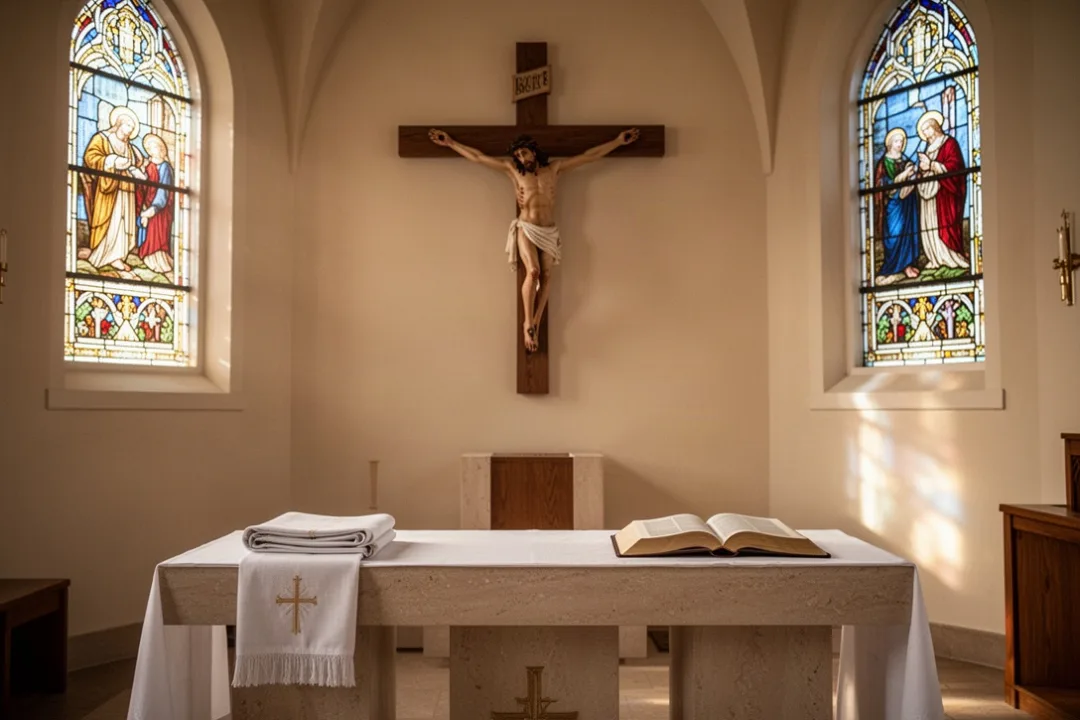 Wooden crucifix above a simple church altar during Holy Week