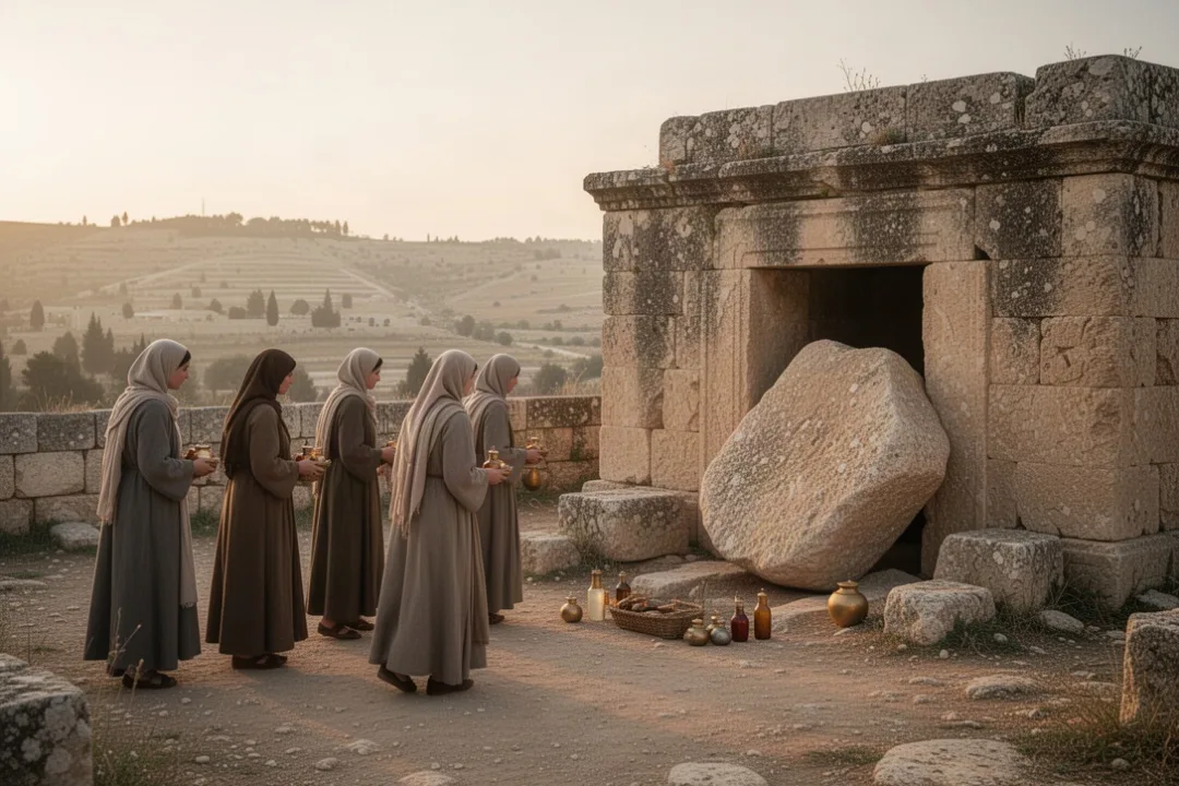 Women discovering Jesus’ empty tomb at dawn outside Jerusalem