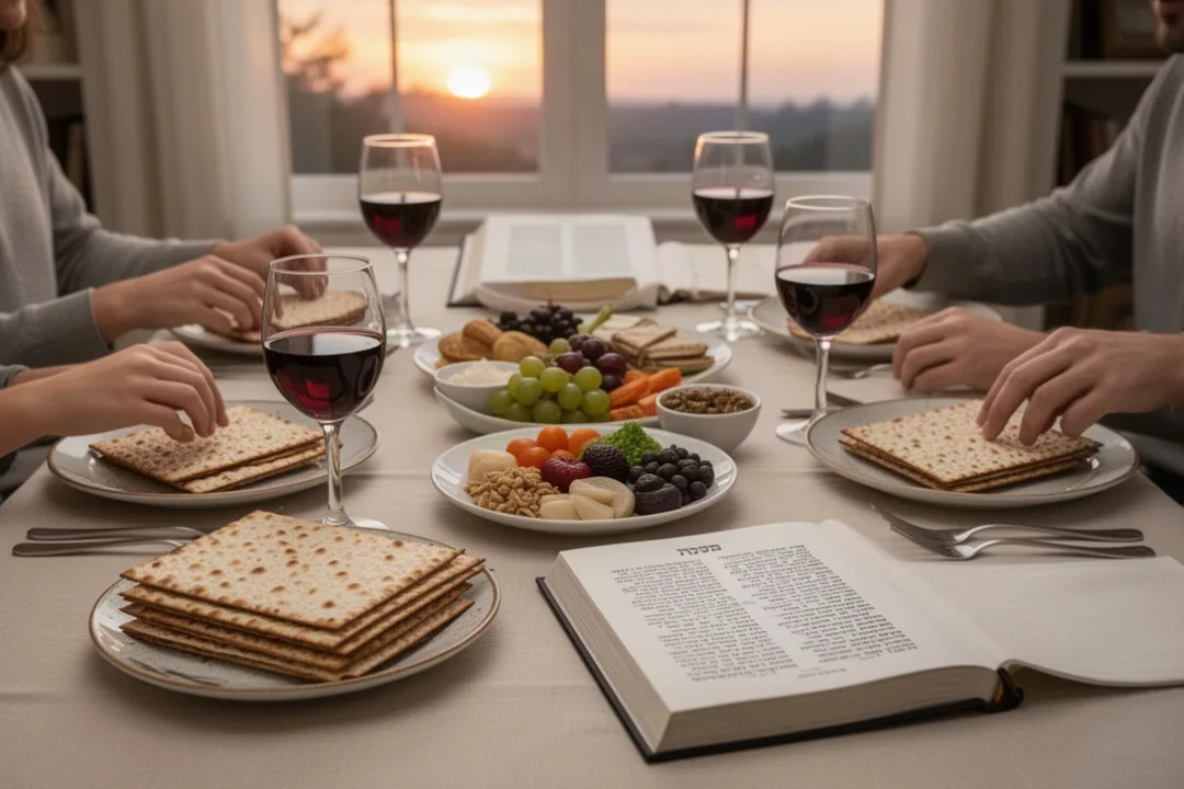 Passover seder table with matzah and symbolic foods at sunset