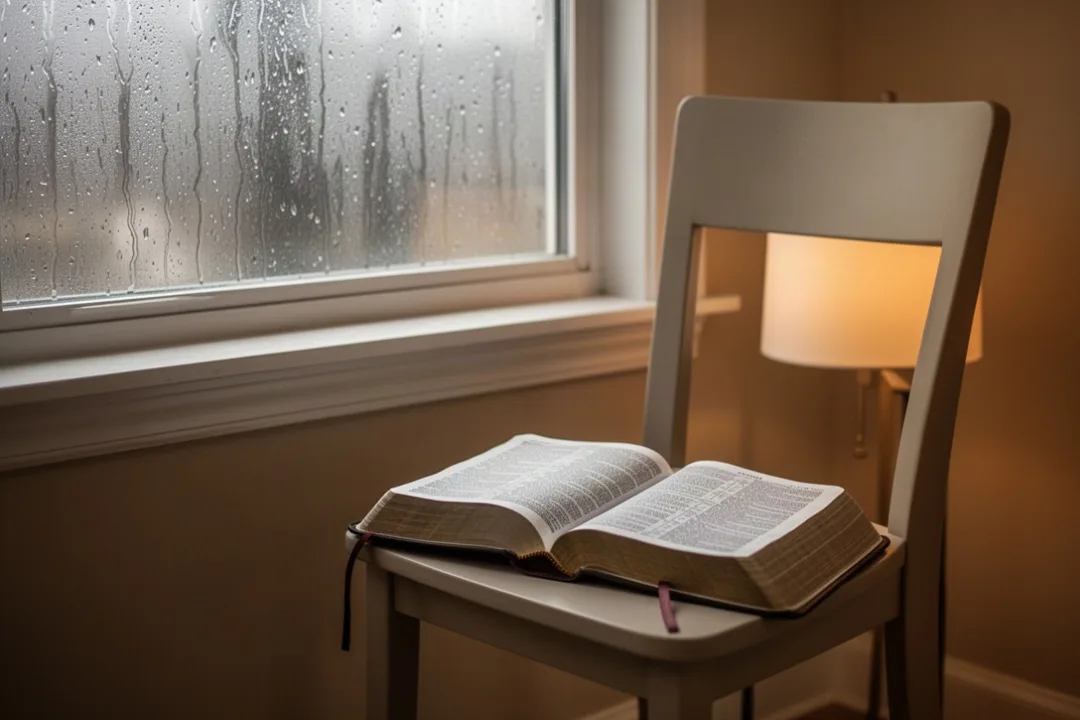 Open Bible and warm lamp beside rainy window symbolizing comfort