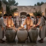 Servants fill stone jars during the wedding at Cana