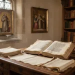 Franciscan scholar studying medieval manuscripts in an Oxford room