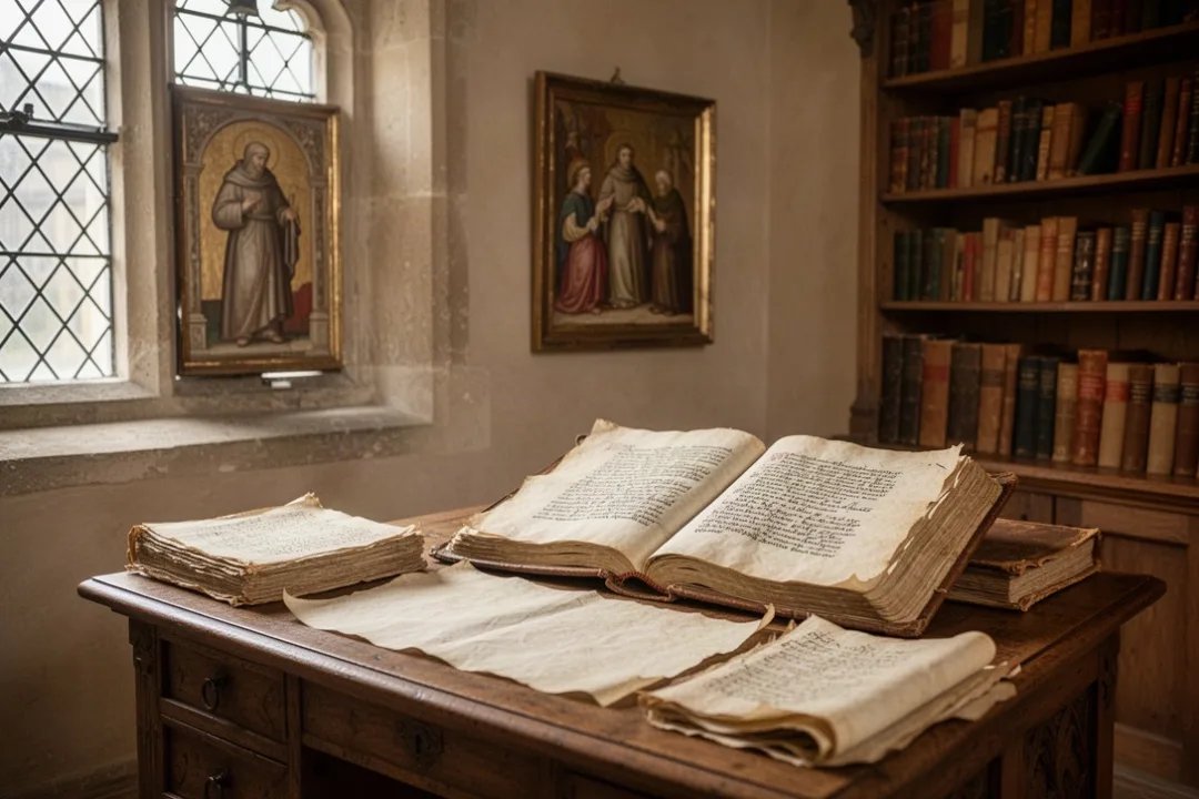 Franciscan scholar studying medieval manuscripts in an Oxford room