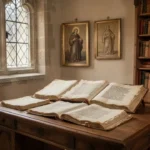 Franciscan scholar studying medieval manuscripts in an Oxford room