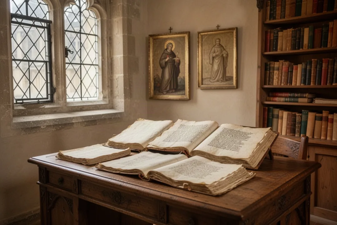 Franciscan scholar studying medieval manuscripts in an Oxford room