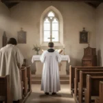 Priest praying inside a modest nineteenth-century French village church
