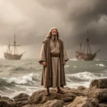 Ancient prophet beside stormy sea after escaping the great fish