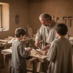 Joseph teaching young Jesus woodworking in a Nazareth workshop