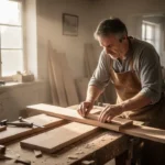 Craftsman working carefully in a warm home workshop