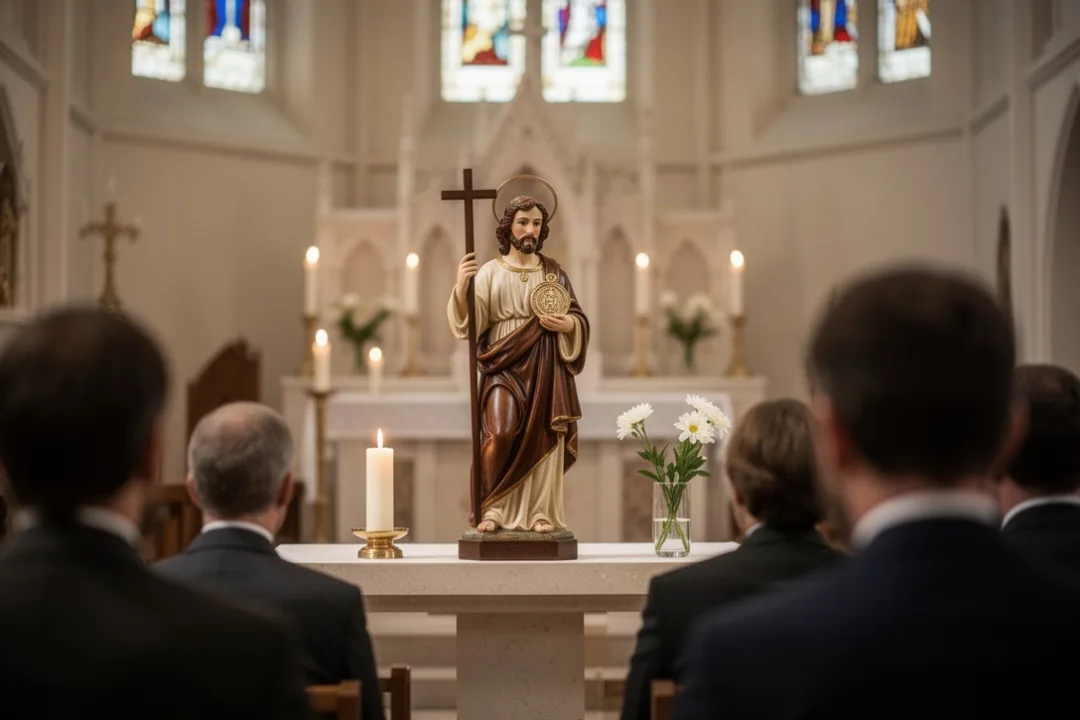 Statue of Jude Thaddeus beside candles inside a quiet church