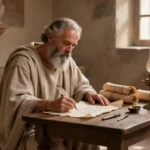 Justin the Martyr writing Christian defenses in a Roman study